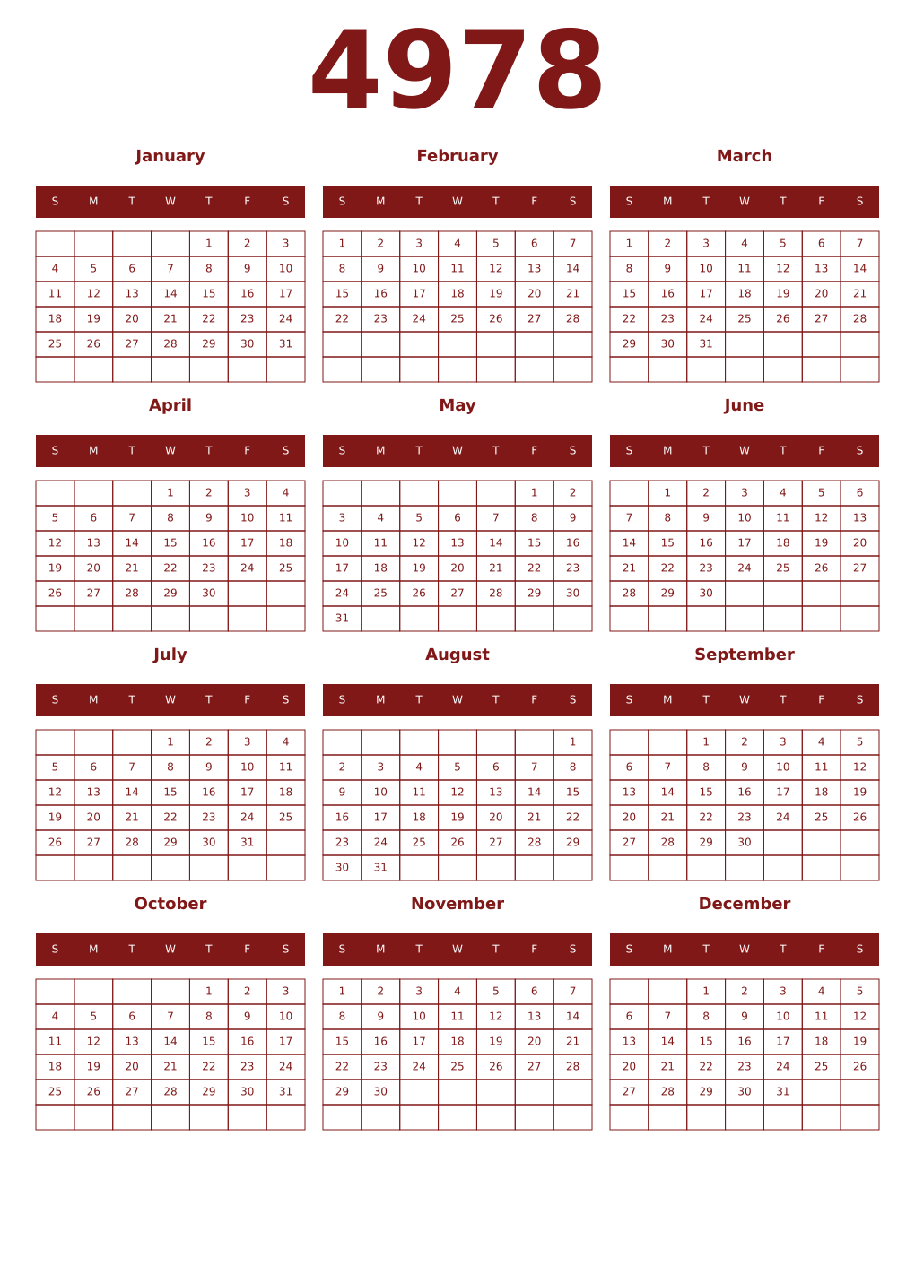 Printable 4978 Year Calendars falu