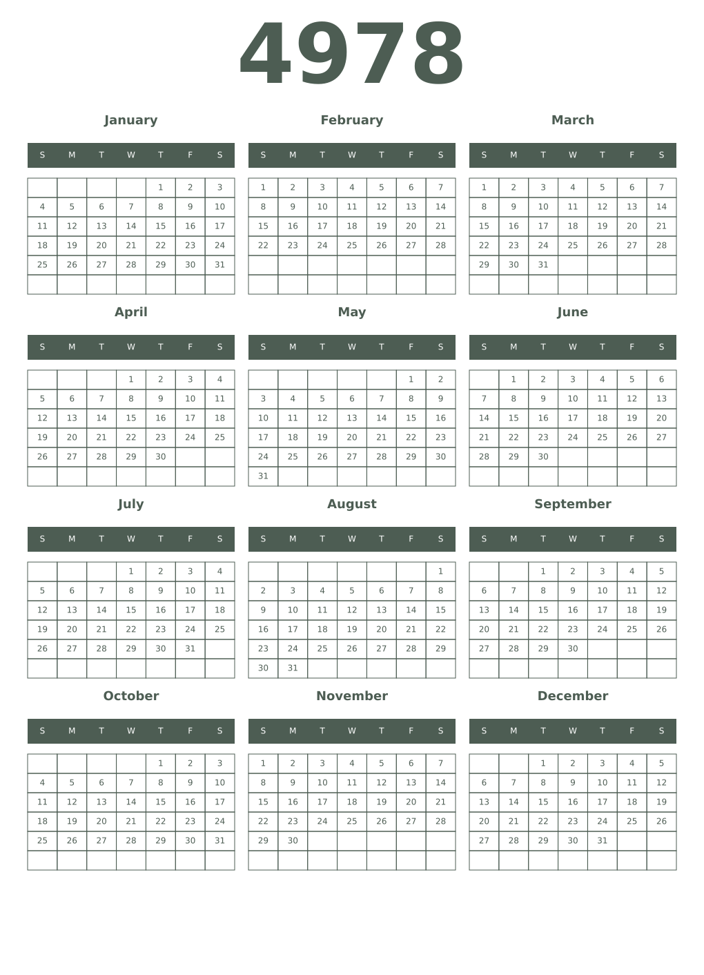 Printable 4978 Year Calendars feldgrau