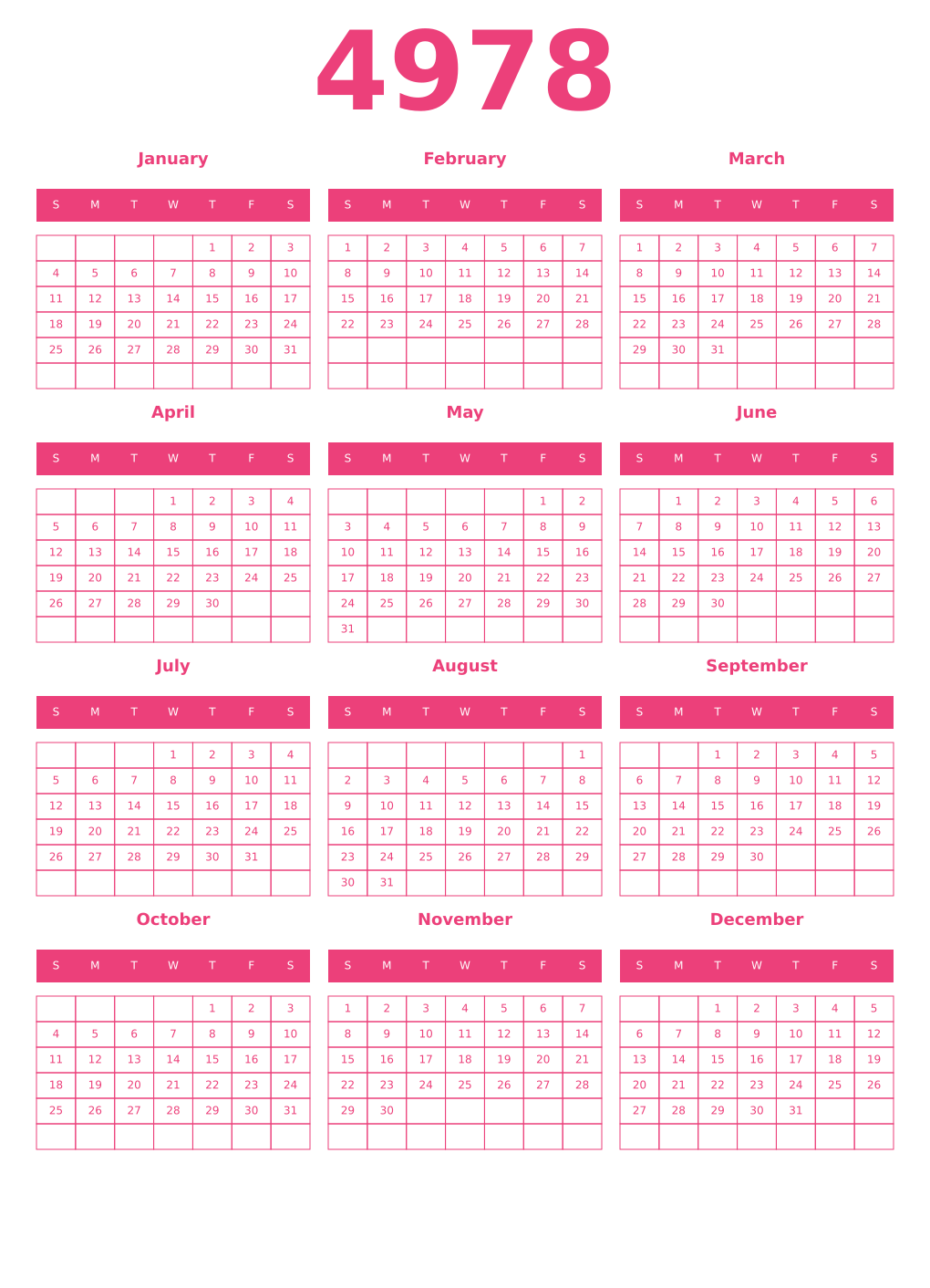 Printable 4978 Year Calendars pink