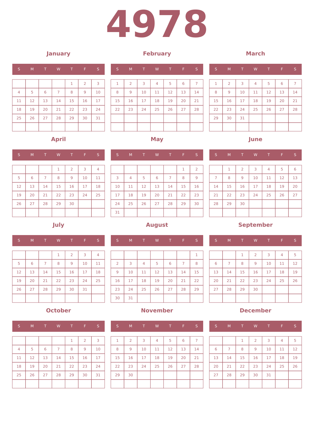 Printable 4978 Year Calendars puce