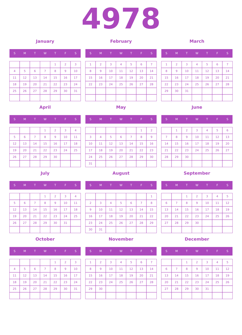 Printable 4978 Year Calendars purple