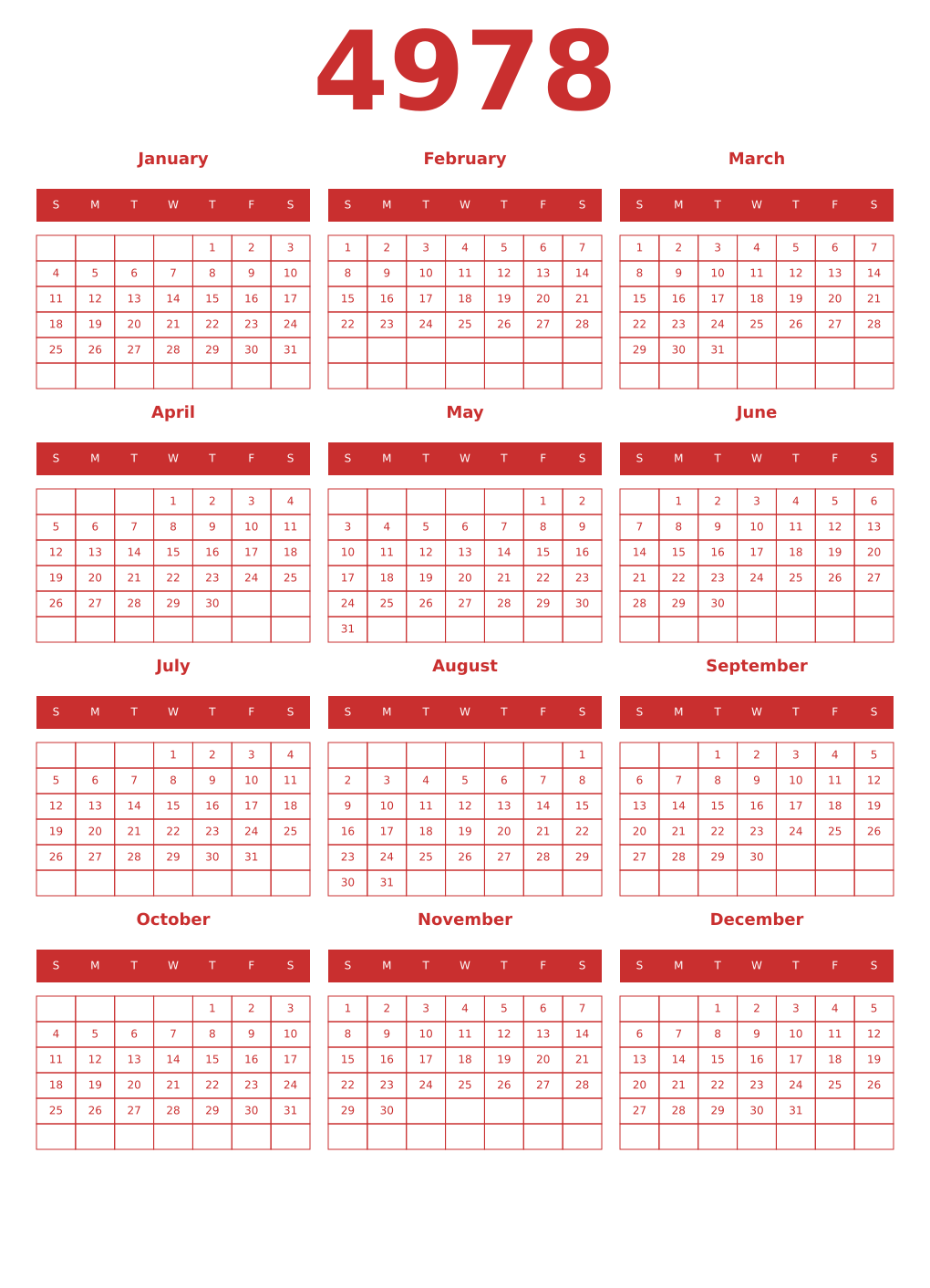 Printable 4978 Year Calendars red