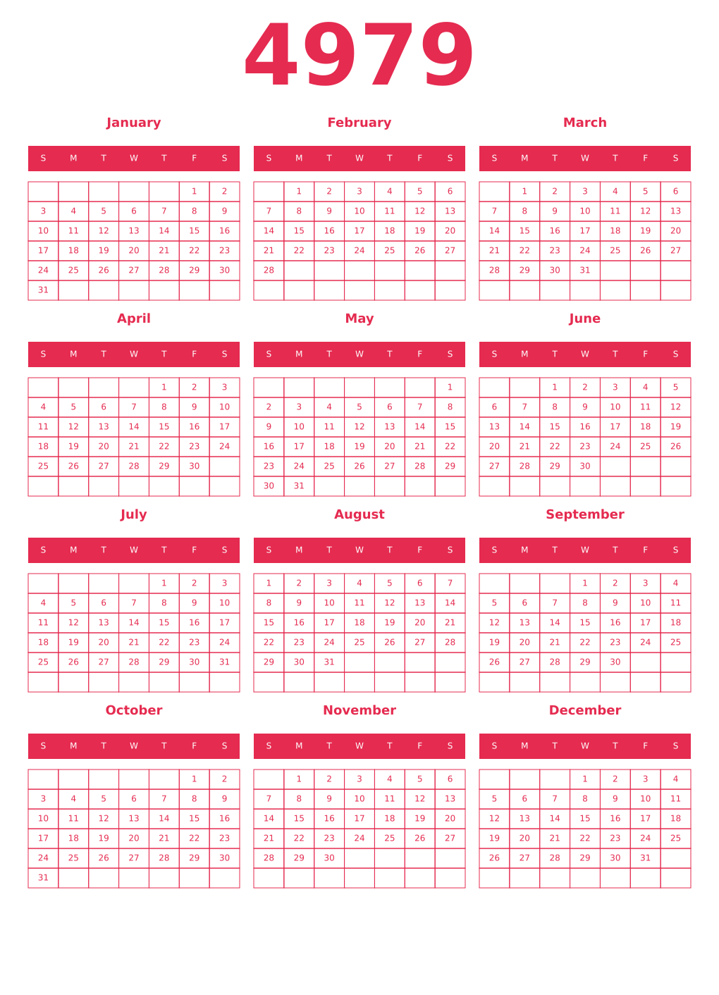 Printable 4979 Year Calendars amaranth