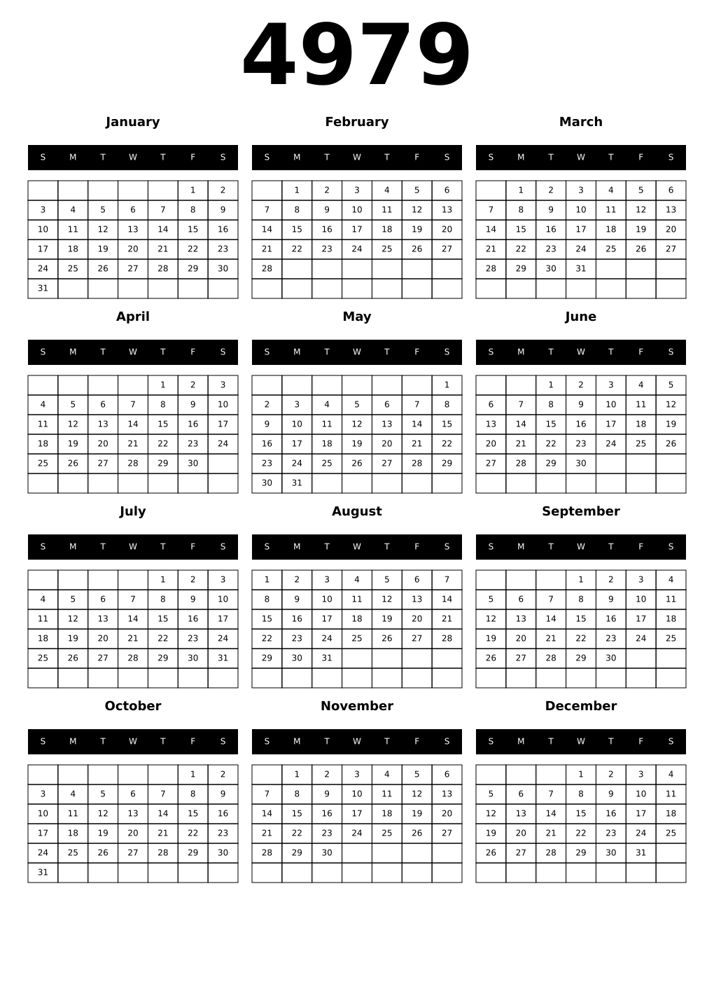 Printable 4979 Year Calendars black