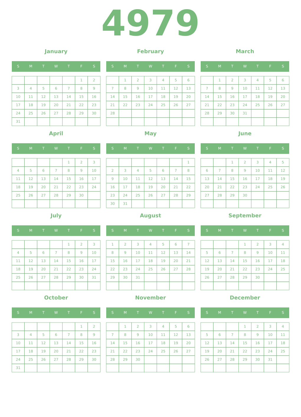 Printable 4979 Year Calendars celadon