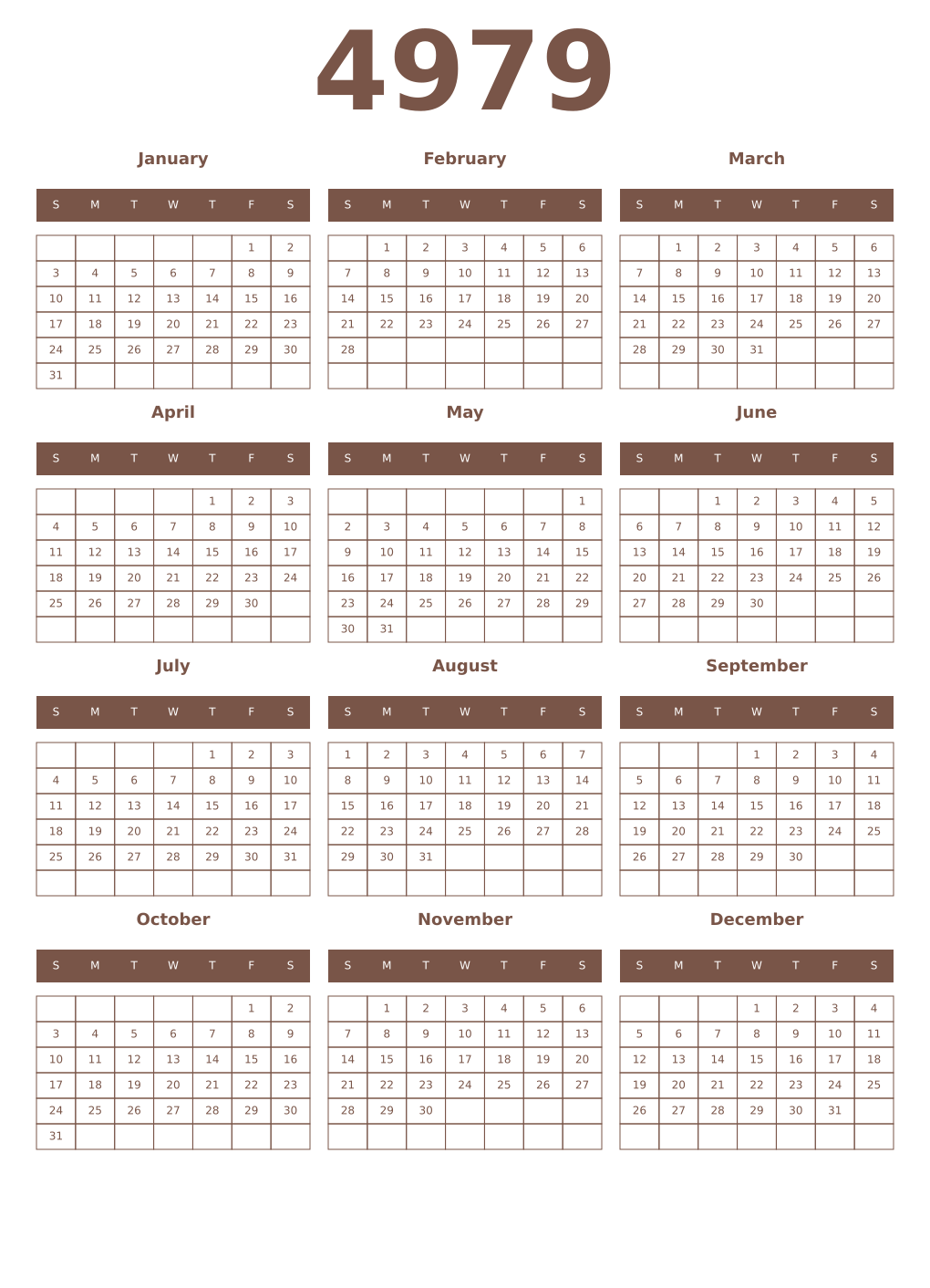 Printable 4979 Year Calendars coffe