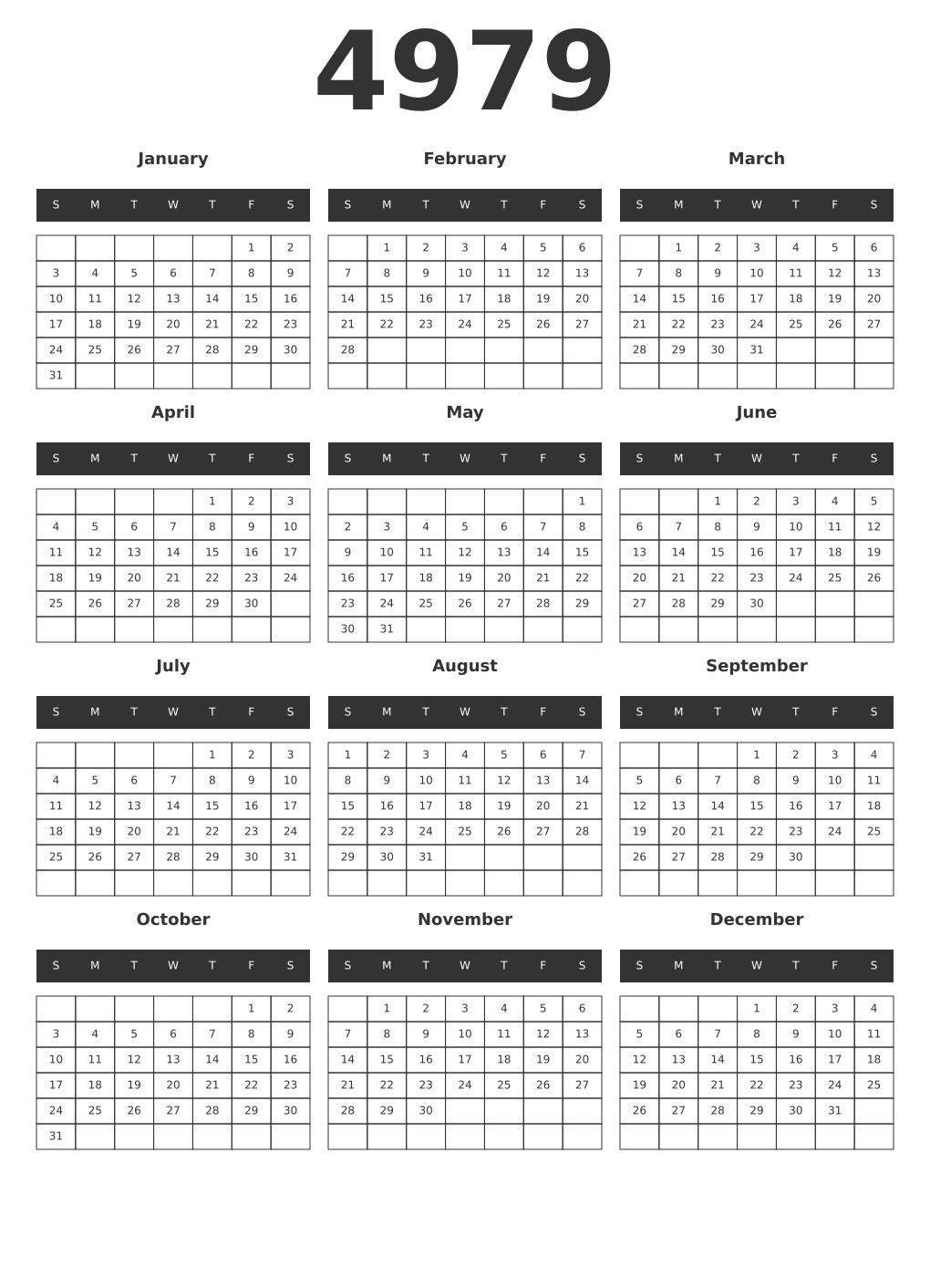 Printable 4979 Year Calendars dark