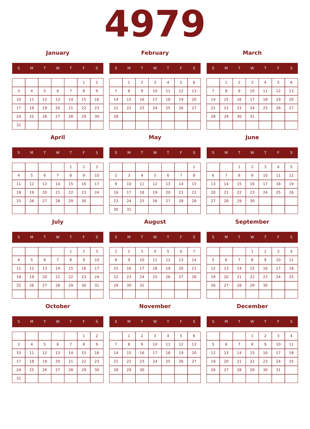 Printable 4979 Year Calendars falu