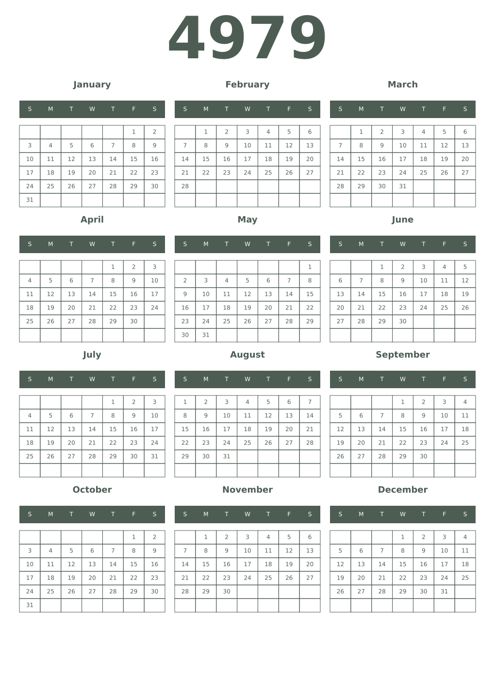 Printable 4979 Year Calendars feldgrau