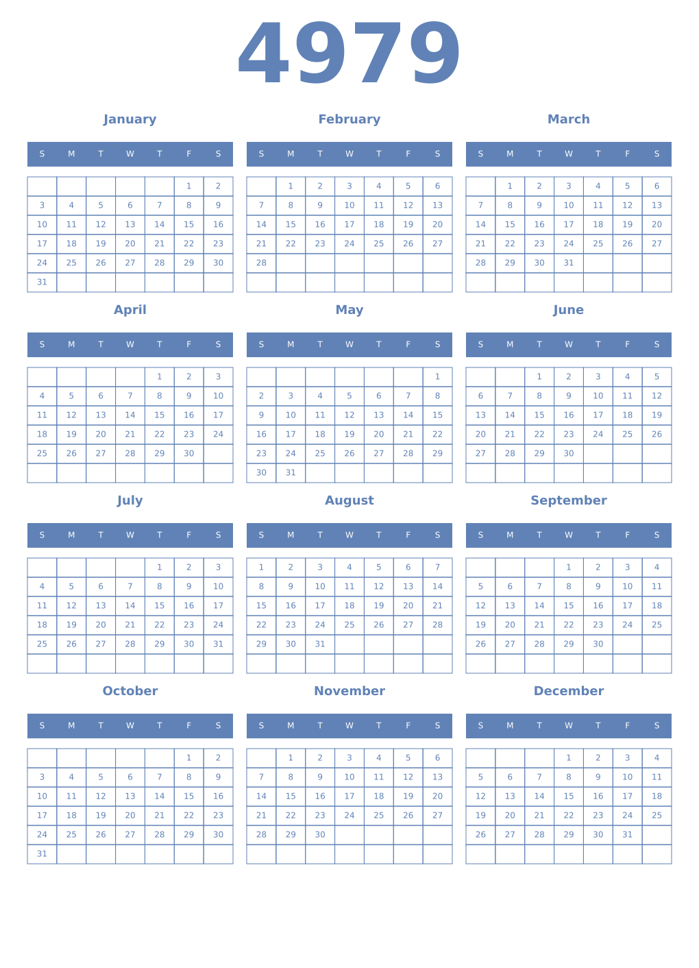 Printable 4979 Year Calendars glaucous