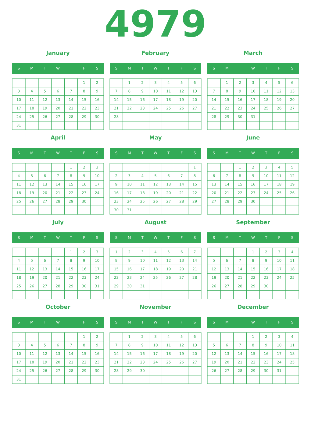 Printable 4979 Year Calendars green