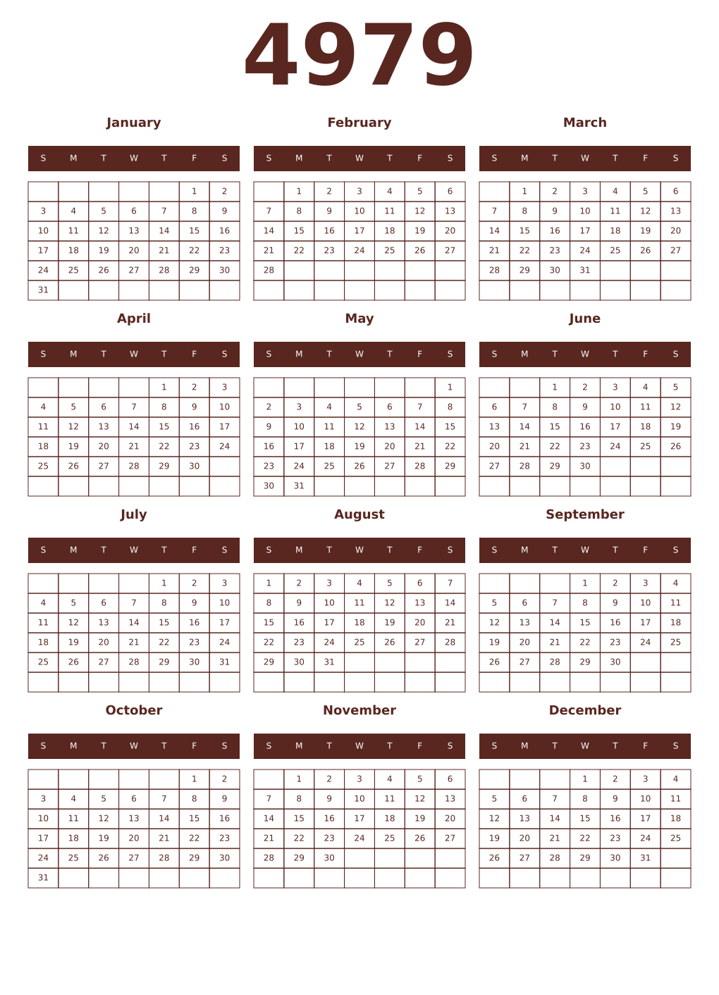 Printable 4979 Year Calendars mortuum