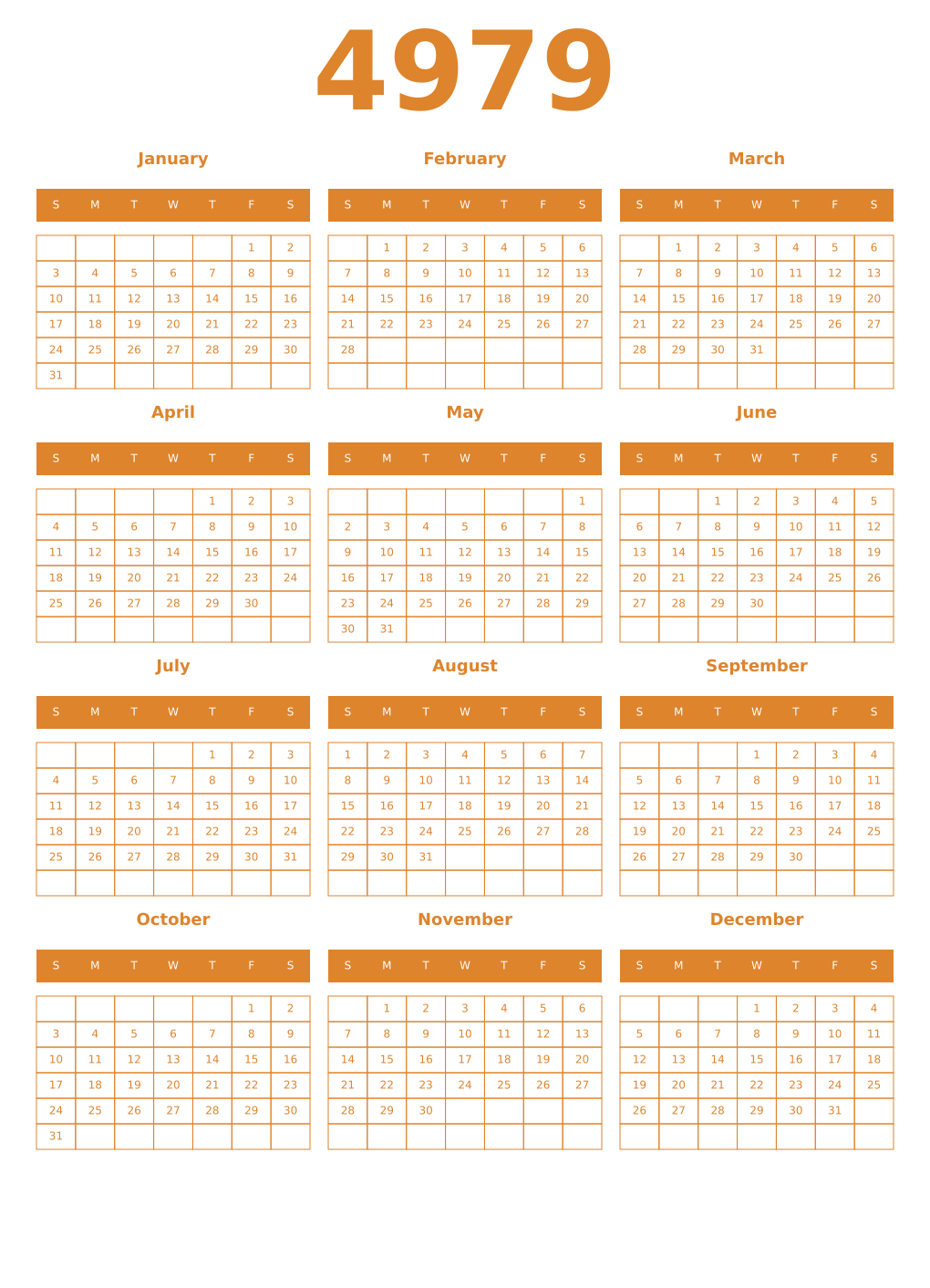 Printable 4979 Year Calendars orange