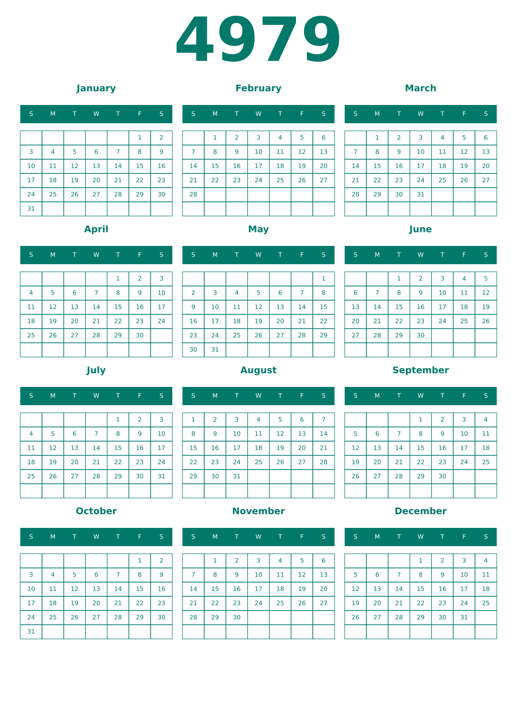 Printable 4979 Year Calendars pastel