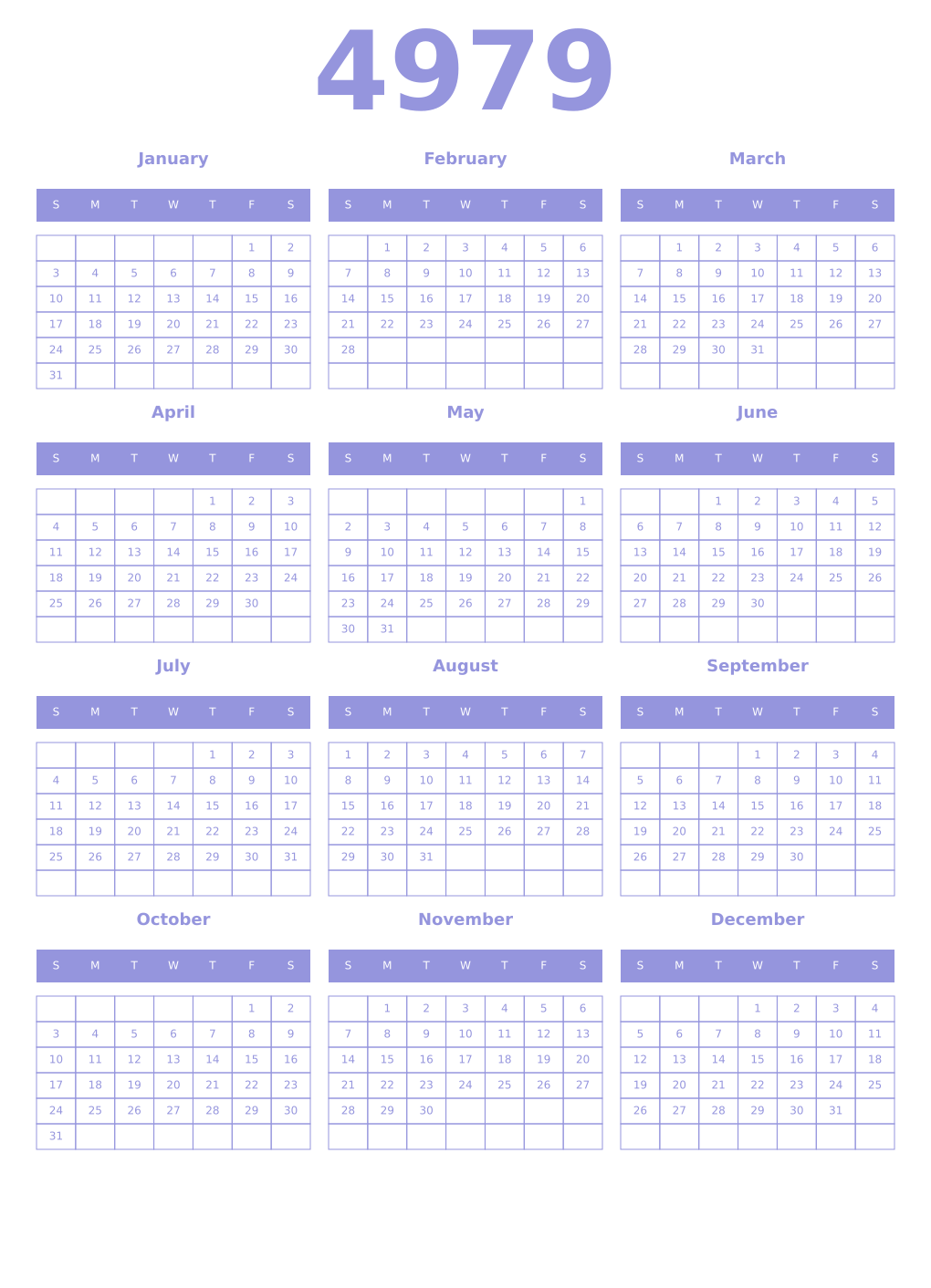 Printable 4979 Year Calendars periwinkle