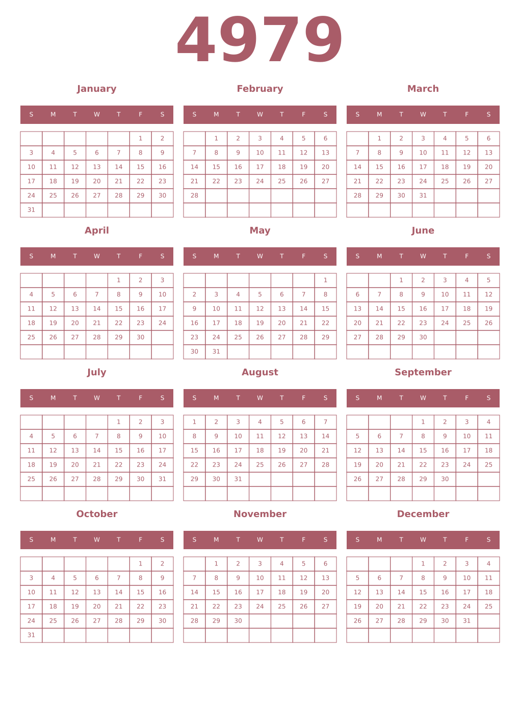 Printable 4979 Year Calendars puce