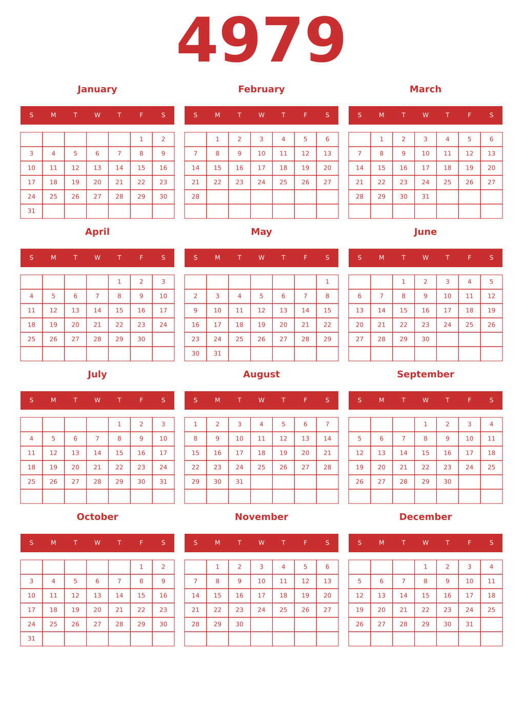 Printable 4979 Year Calendars red