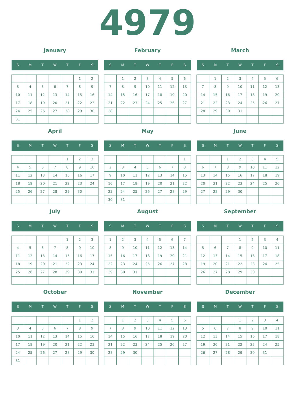 Printable 4979 Year Calendars viridian
