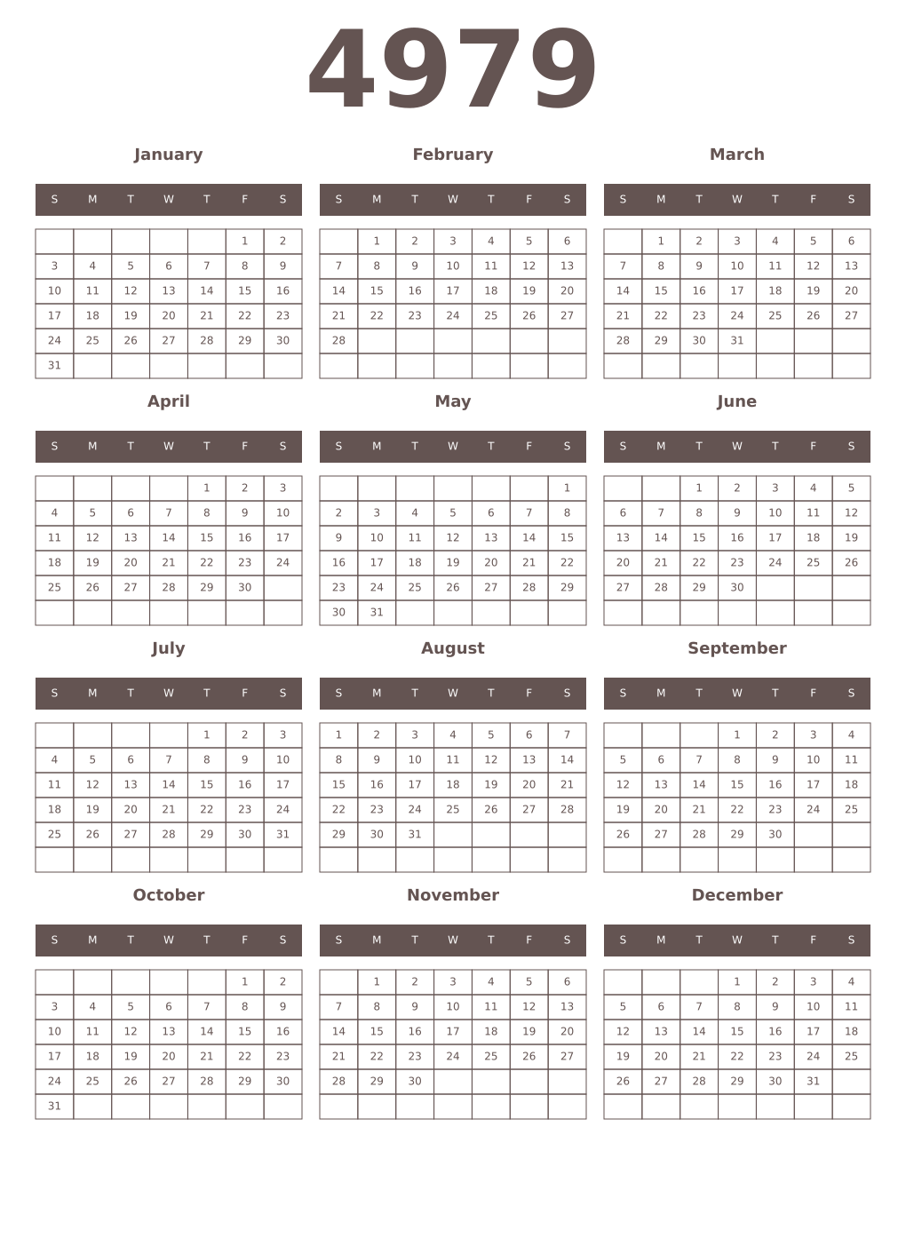 Printable 4979 Year Calendars wenge