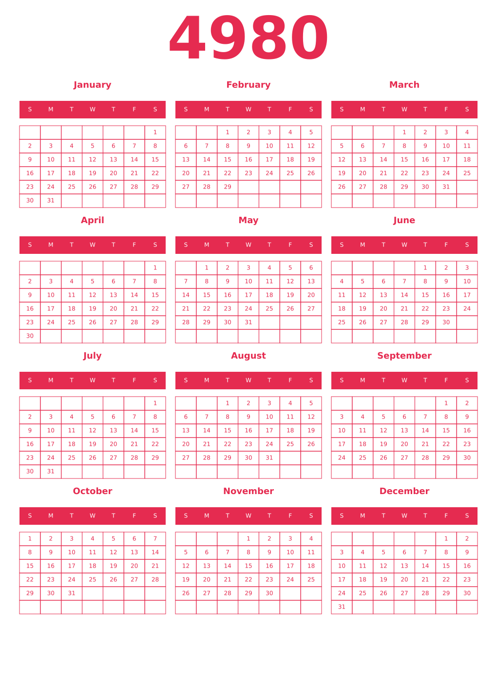 Printable 4980 Year Calendars amaranth