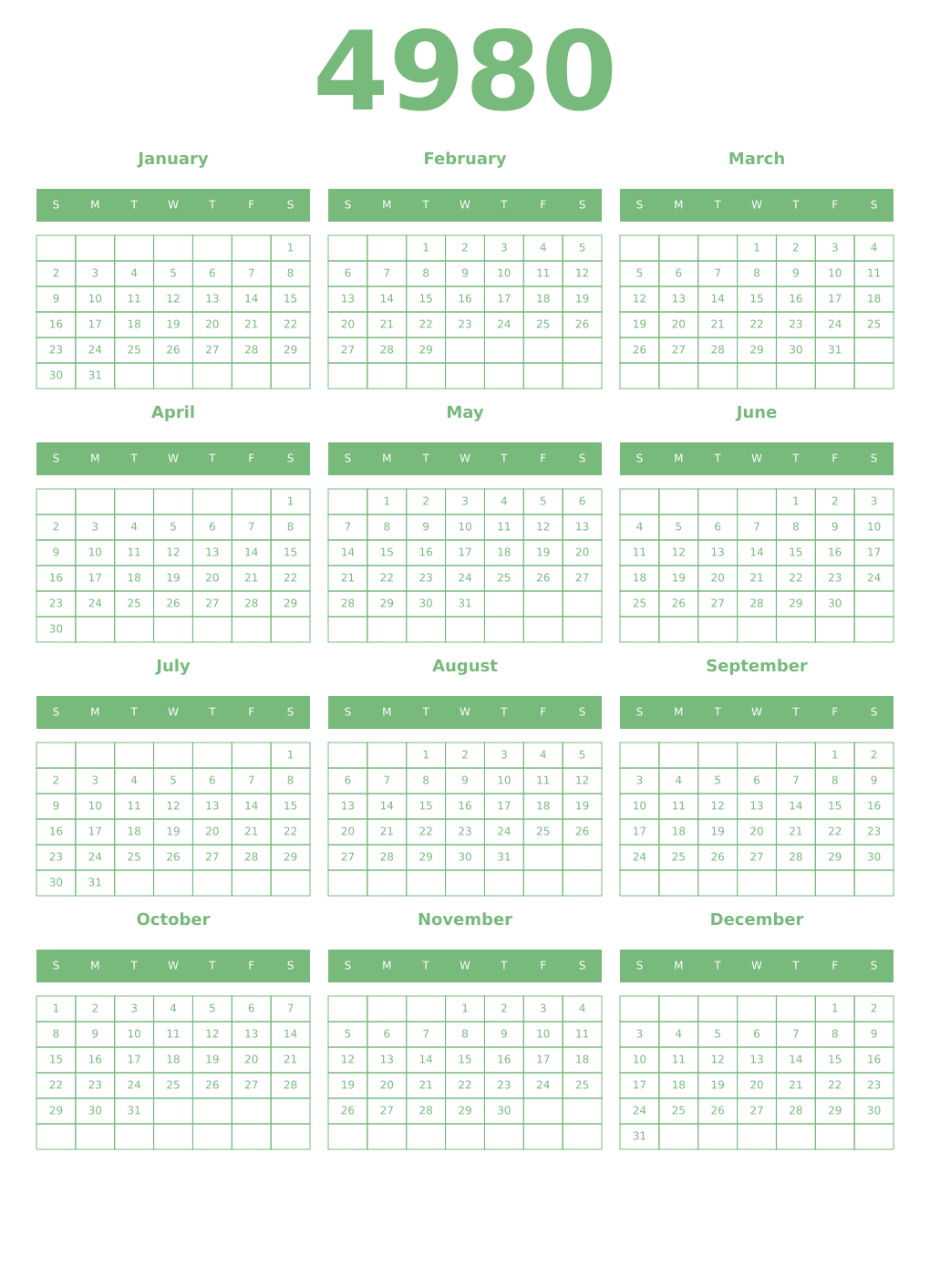 Printable 4980 Year Calendars celadon