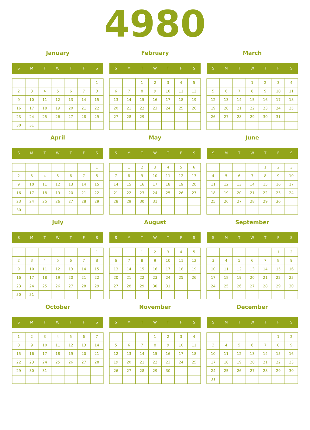 Printable 4980 Year Calendars chartreuse