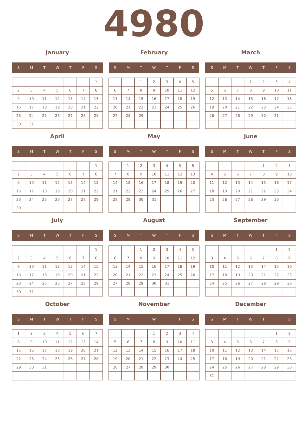 Printable 4980 Year Calendars coffe