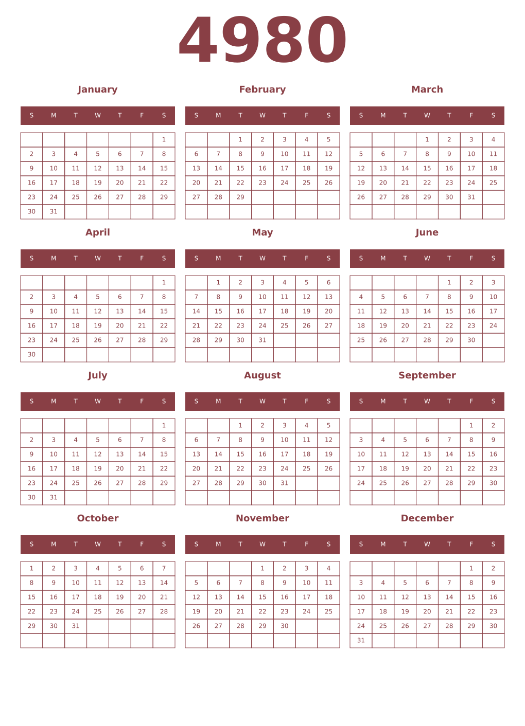 Printable 4980 Year Calendars cordovan