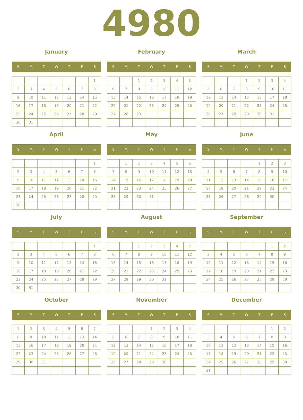 Printable 4980 Year Calendars eburnean