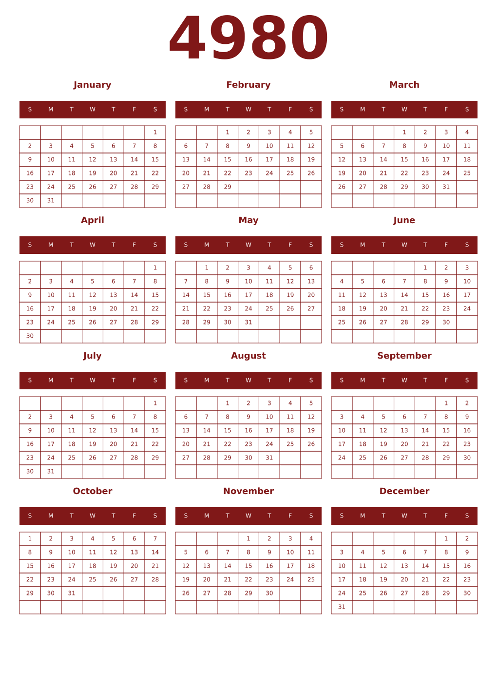 Printable 4980 Year Calendars falu