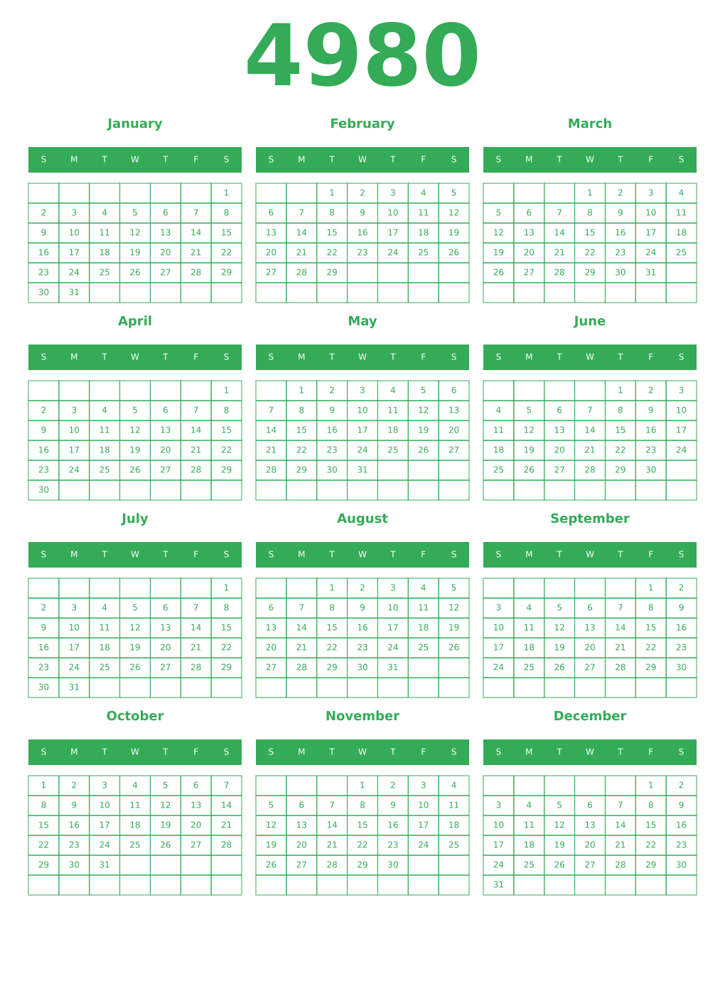 Printable 4980 Year Calendars green