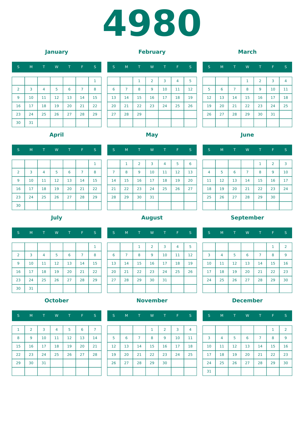 Printable 4980 Year Calendars pastel