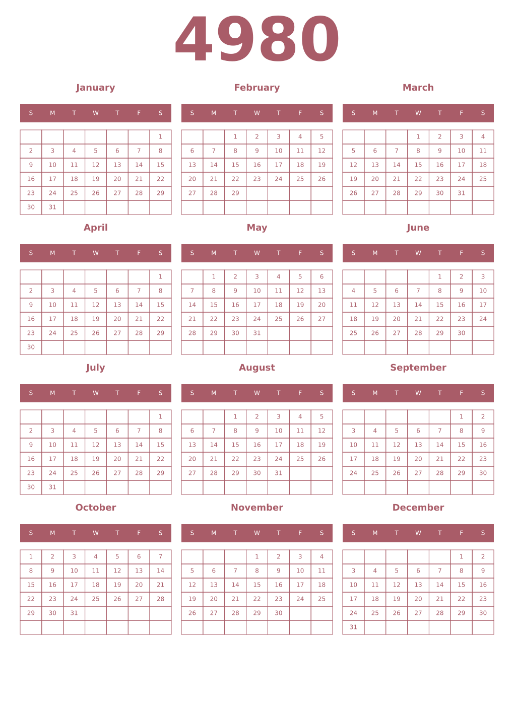 Printable 4980 Year Calendars puce