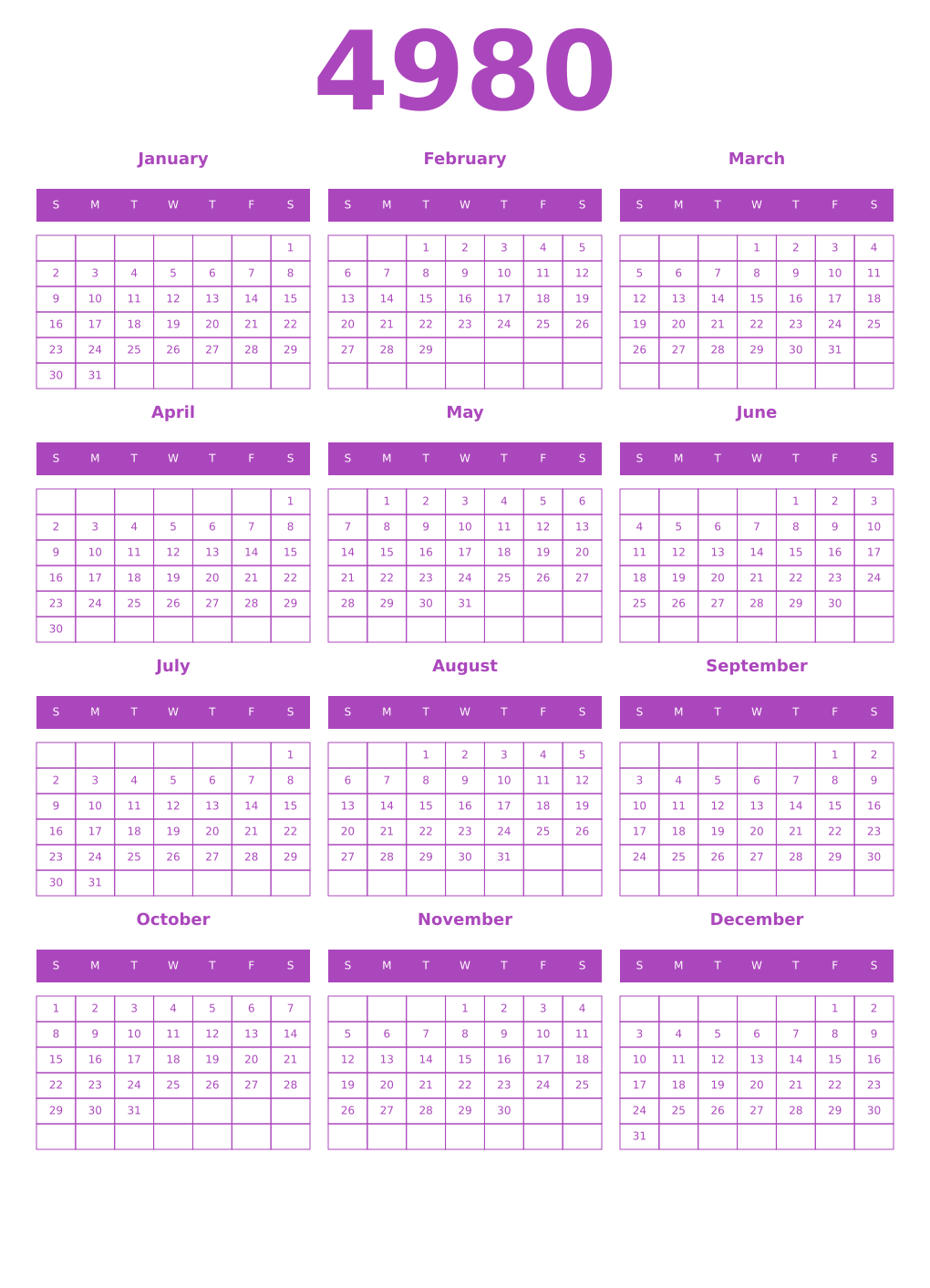 Printable 4980 Year Calendars purple