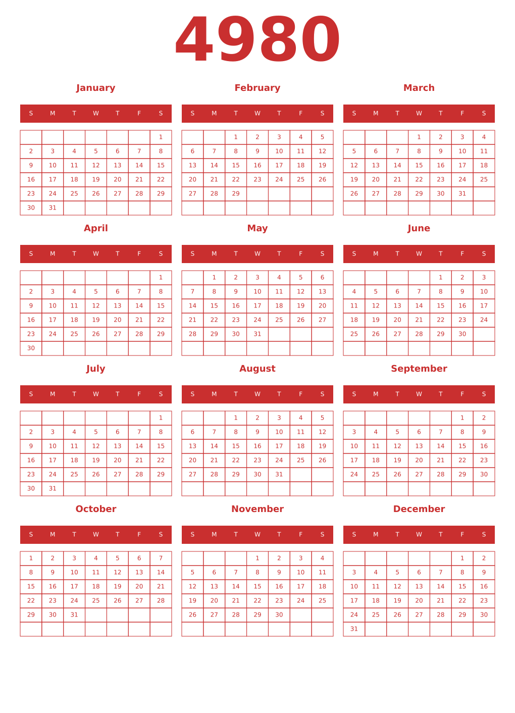 Printable 4980 Year Calendars red