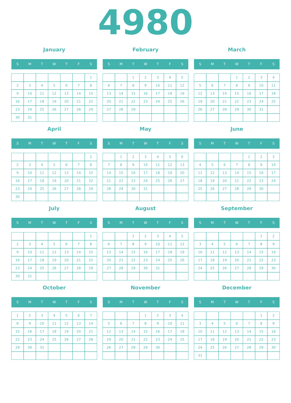 Printable 4980 Year Calendars verdigris