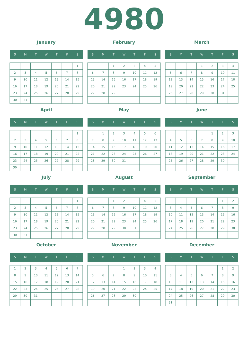 Printable 4980 Year Calendars viridian