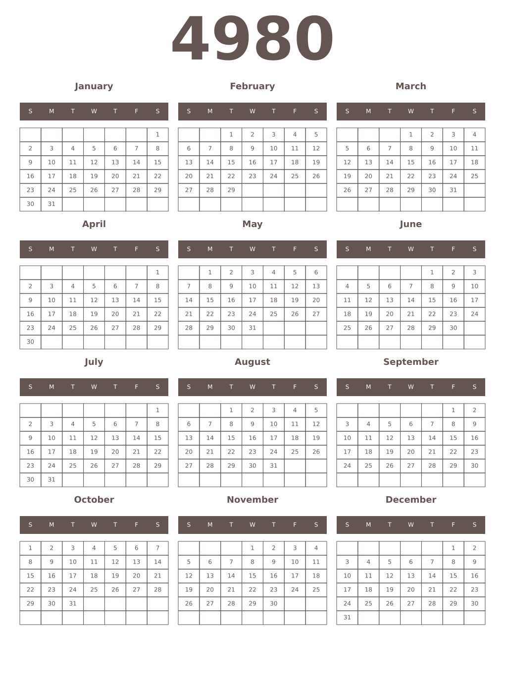 Printable 4980 Year Calendars wenge