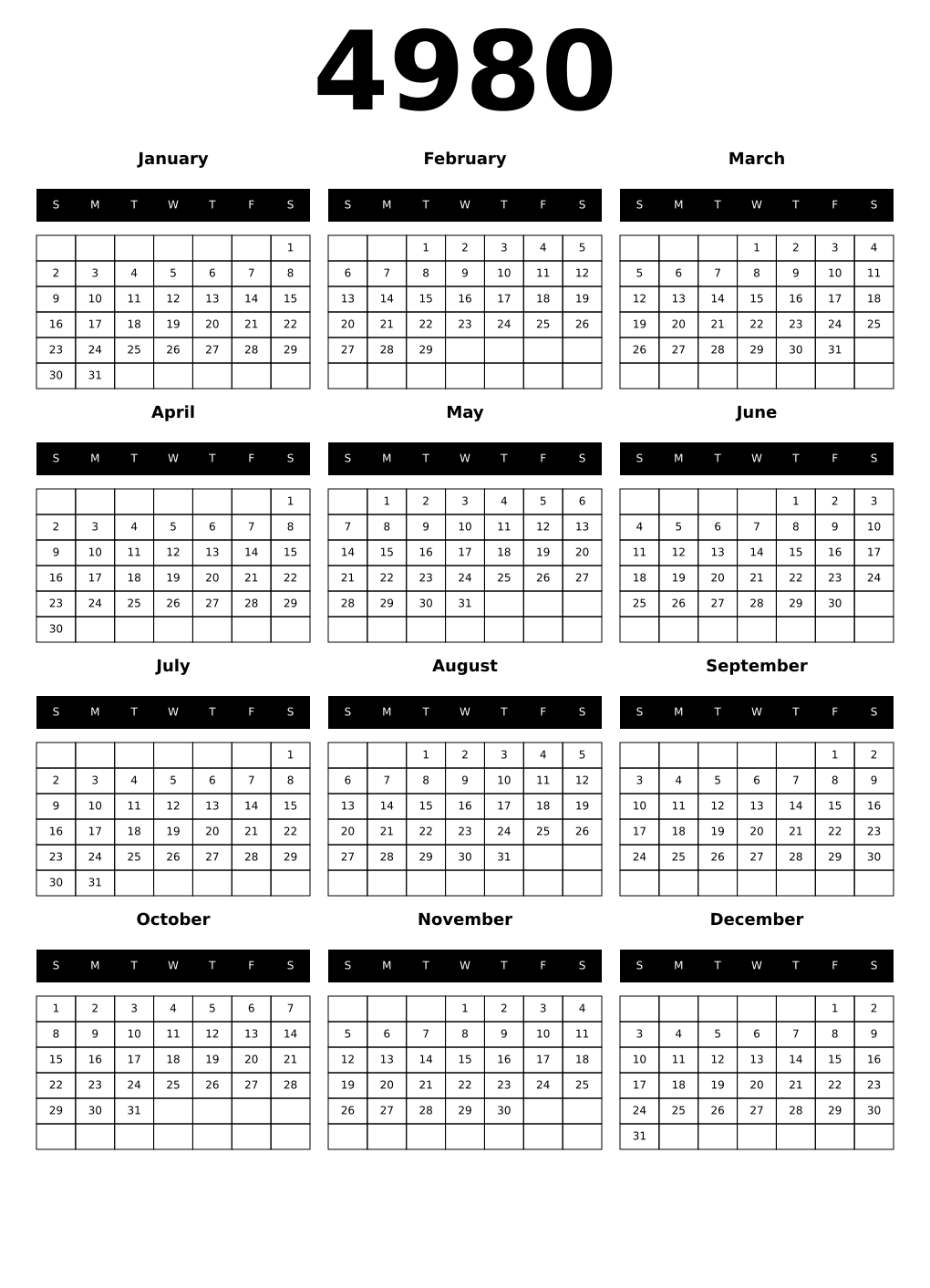 Printable 4980 Calendars