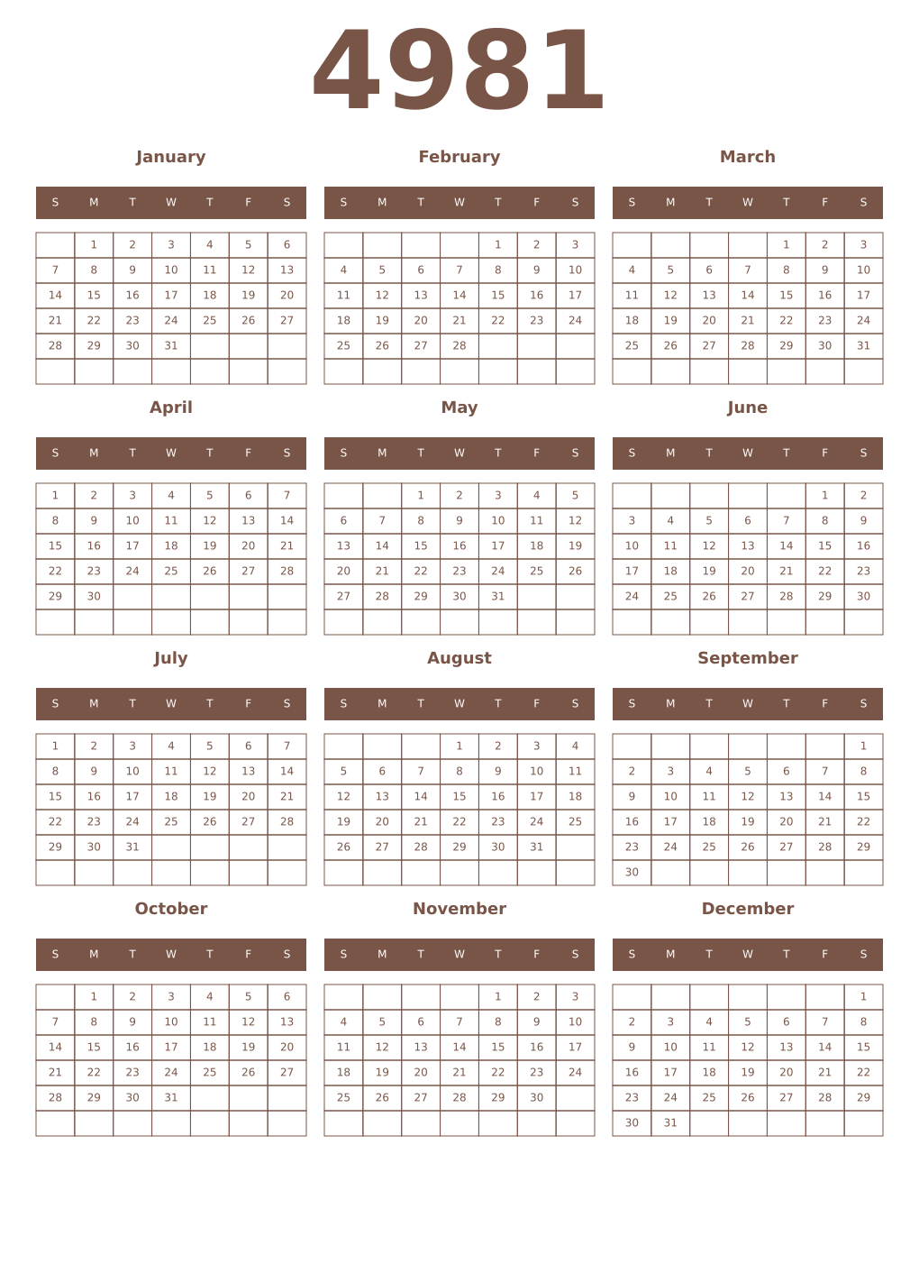 Printable 4981 Year Calendars coffe