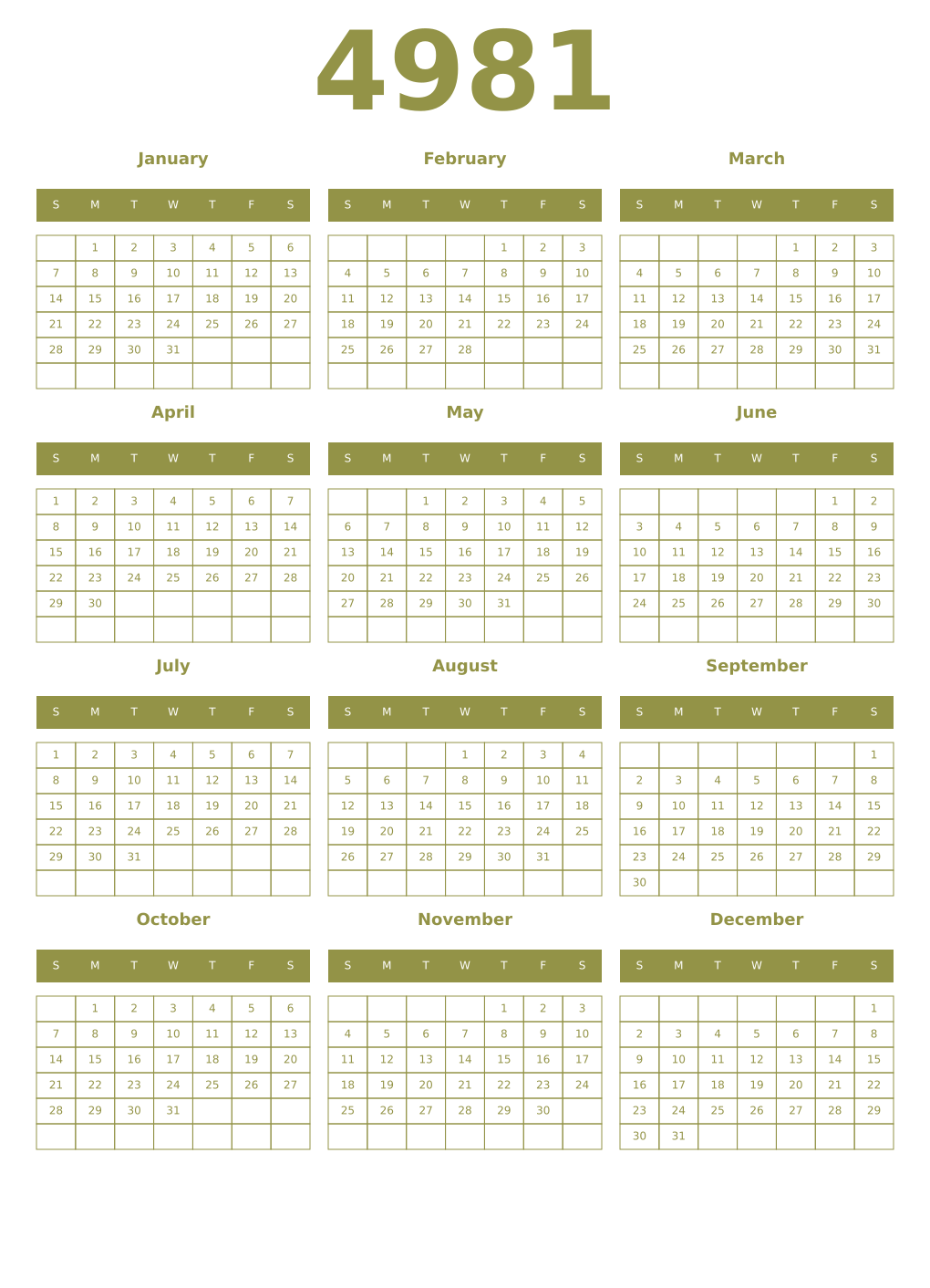 Printable 4981 Year Calendars eburnean