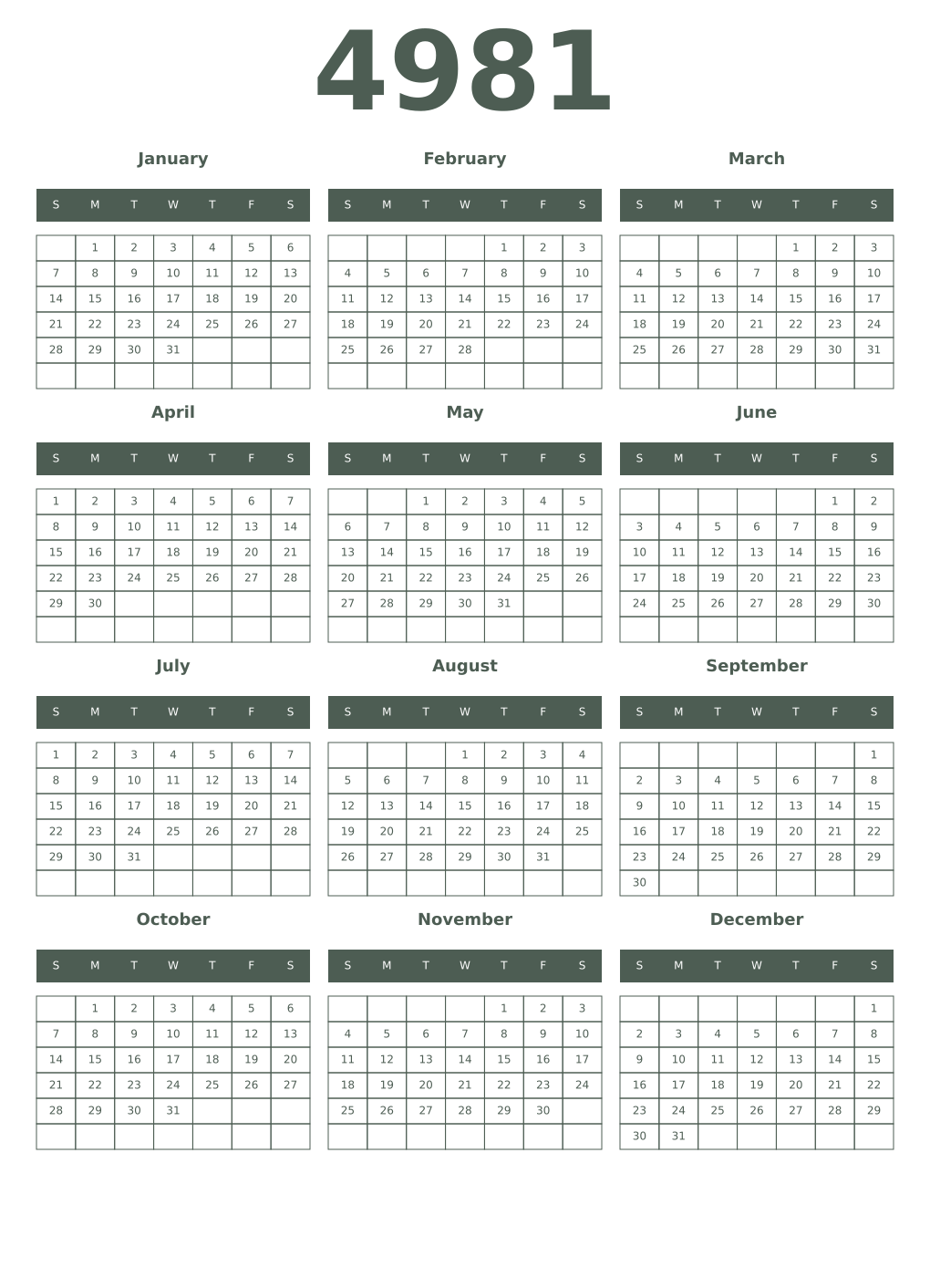 Printable 4981 Year Calendars feldgrau
