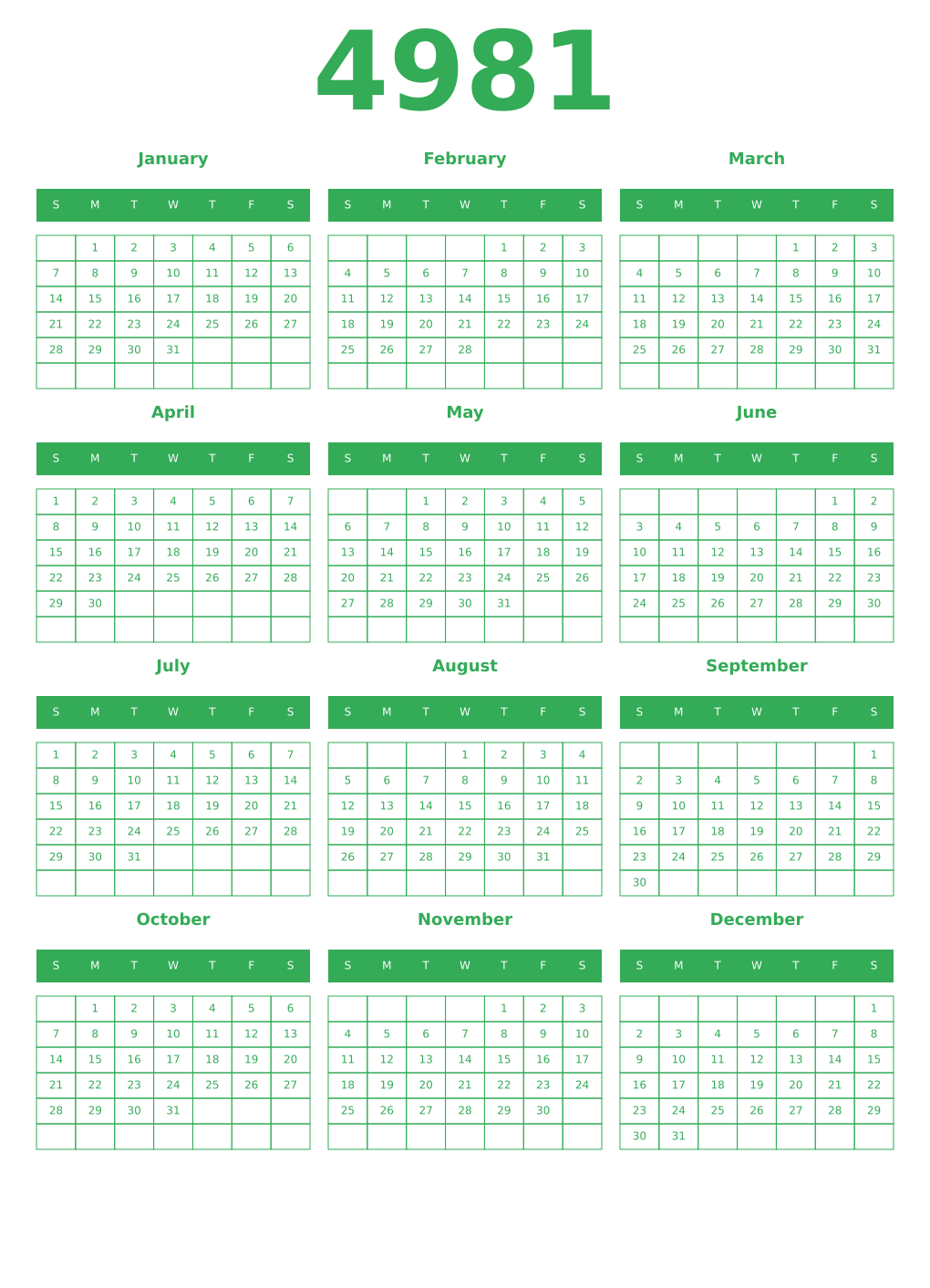 Printable 4981 Year Calendars green