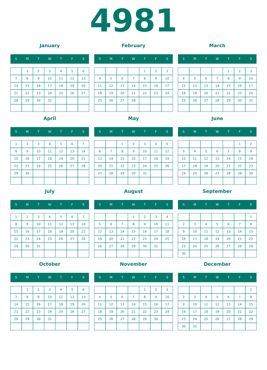 Printable 4981 Year Calendars pastel