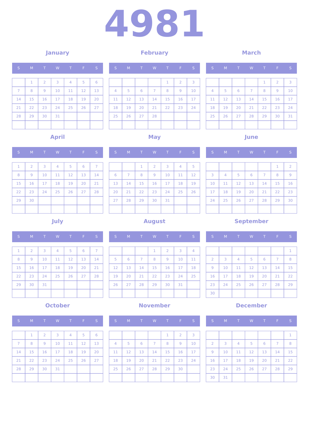 Printable 4981 Year Calendars periwinkle