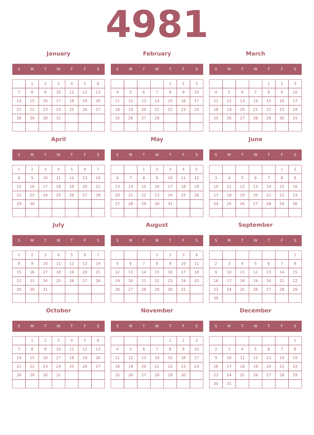 Printable 4981 Year Calendars puce