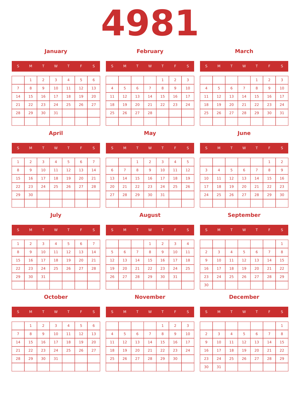 Printable 4981 Year Calendars red