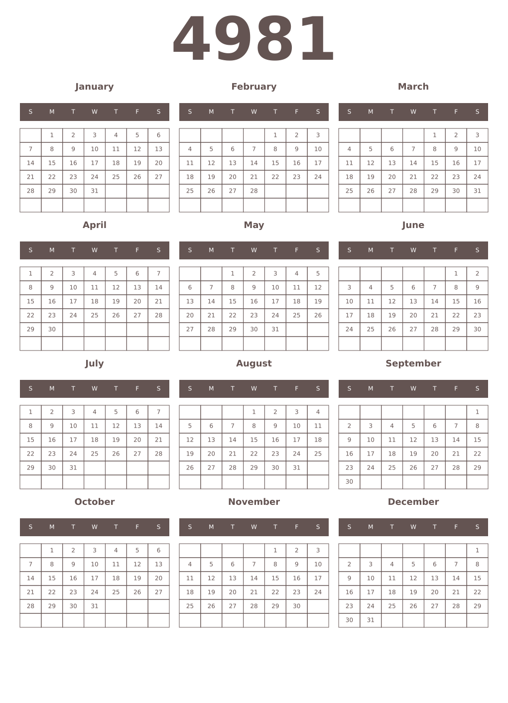 Printable 4981 Year Calendars wenge