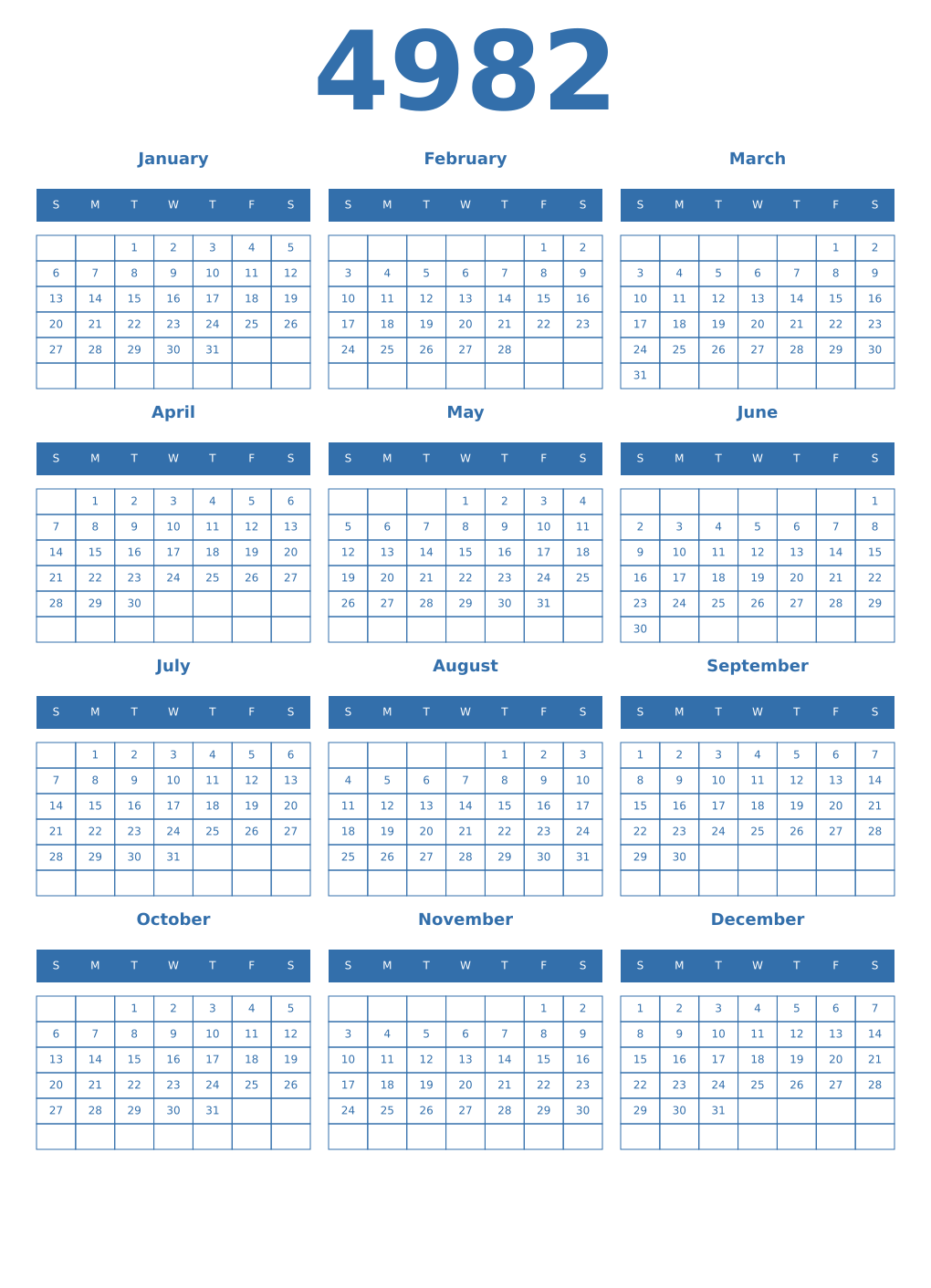 Printable 4982 Year Calendars blue