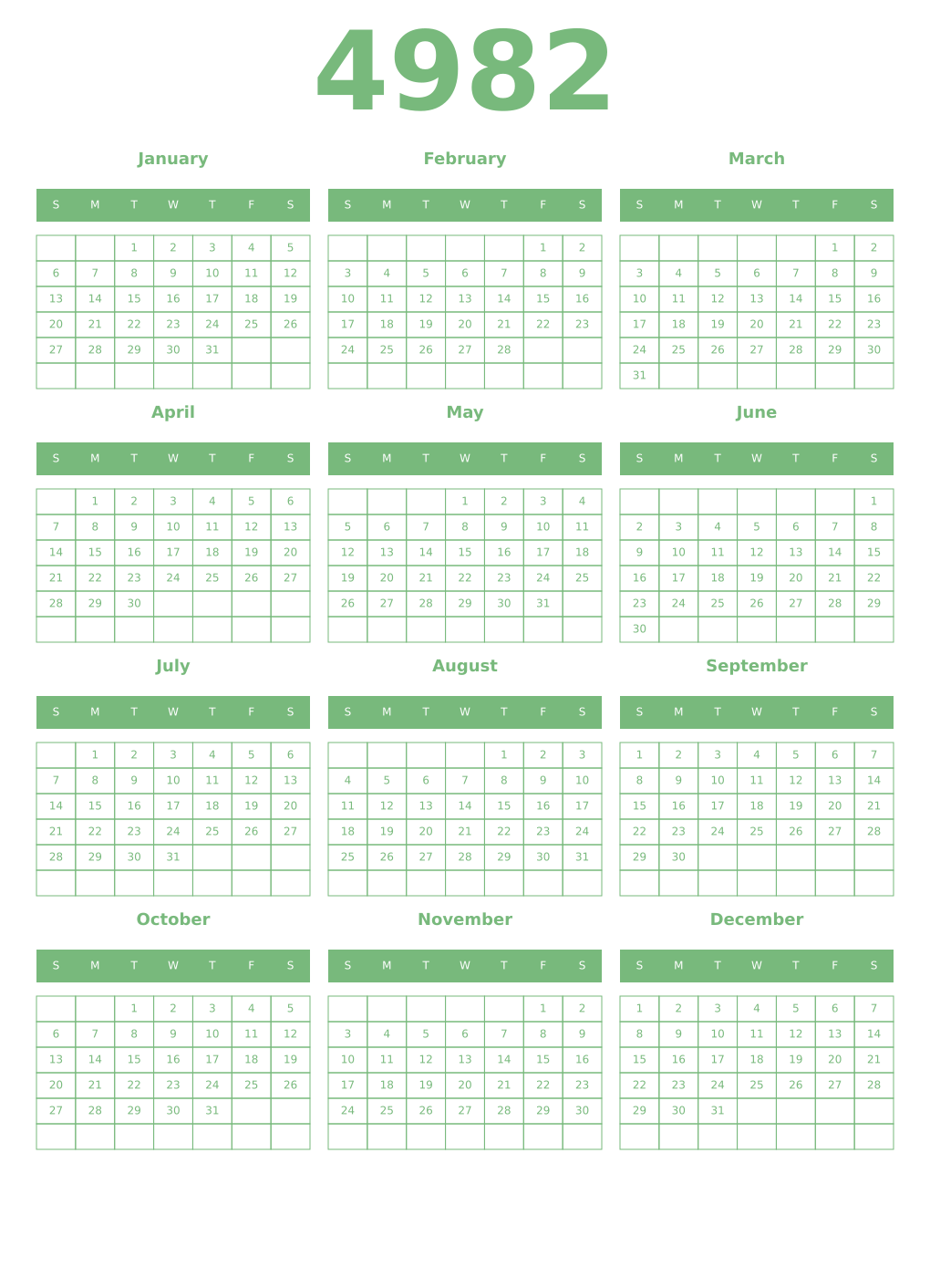 Printable 4982 Year Calendars celadon